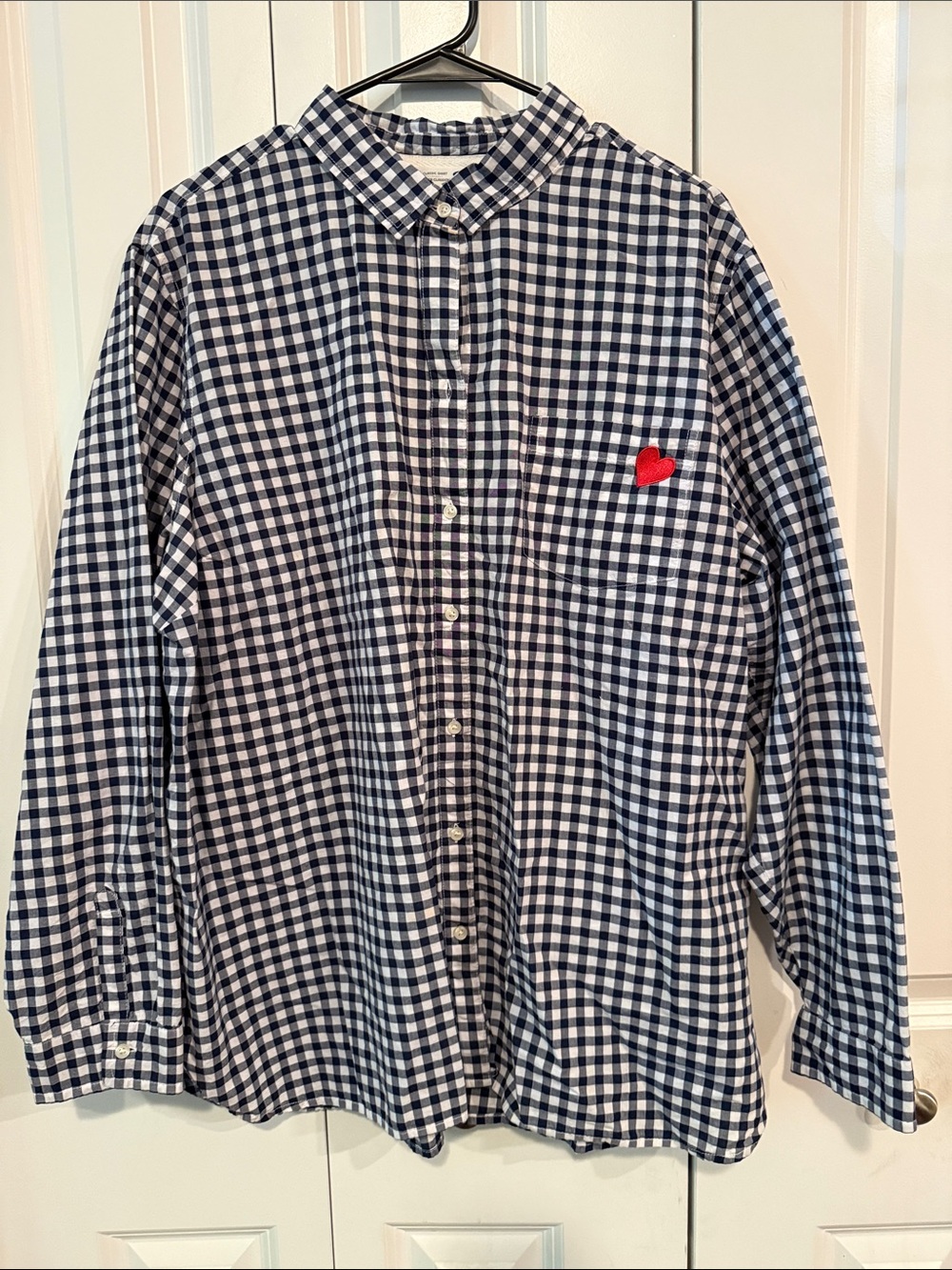 Old Navy Navy and White Gingham Button-Down with Red Heart Accent